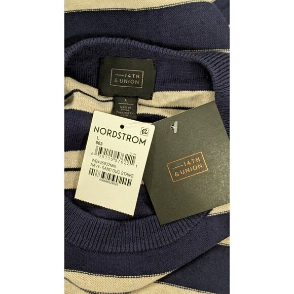 14th & Union Mens Size Large Navy Sand Duo Striped Crew Neck Pullover Sweater - Picture 6 of 8